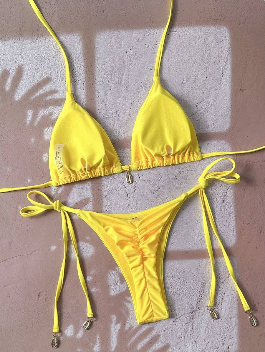 Swim Chiccia Women Spring Break Summer Beach Solid Color Halter Tie Sexy Bikini Swimsuit Set