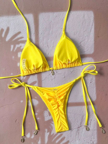 Swim Chiccia Women Spring Break Summer Beach Solid Color Halter Tie Sexy Bikini Swimsuit Set