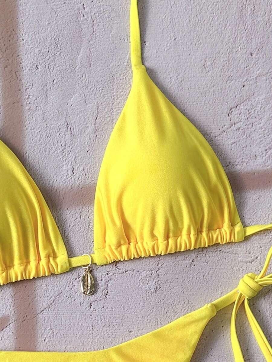 Swim Chiccia Women Spring Break Summer Beach Solid Color Halter Tie Sexy Bikini Swimsuit Set