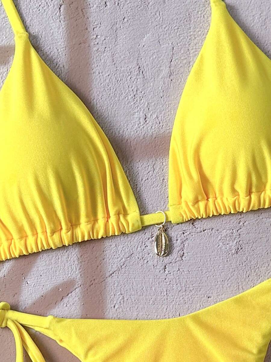 Swim Chiccia Women Spring Break Summer Beach Solid Color Halter Tie Sexy Bikini Swimsuit Set