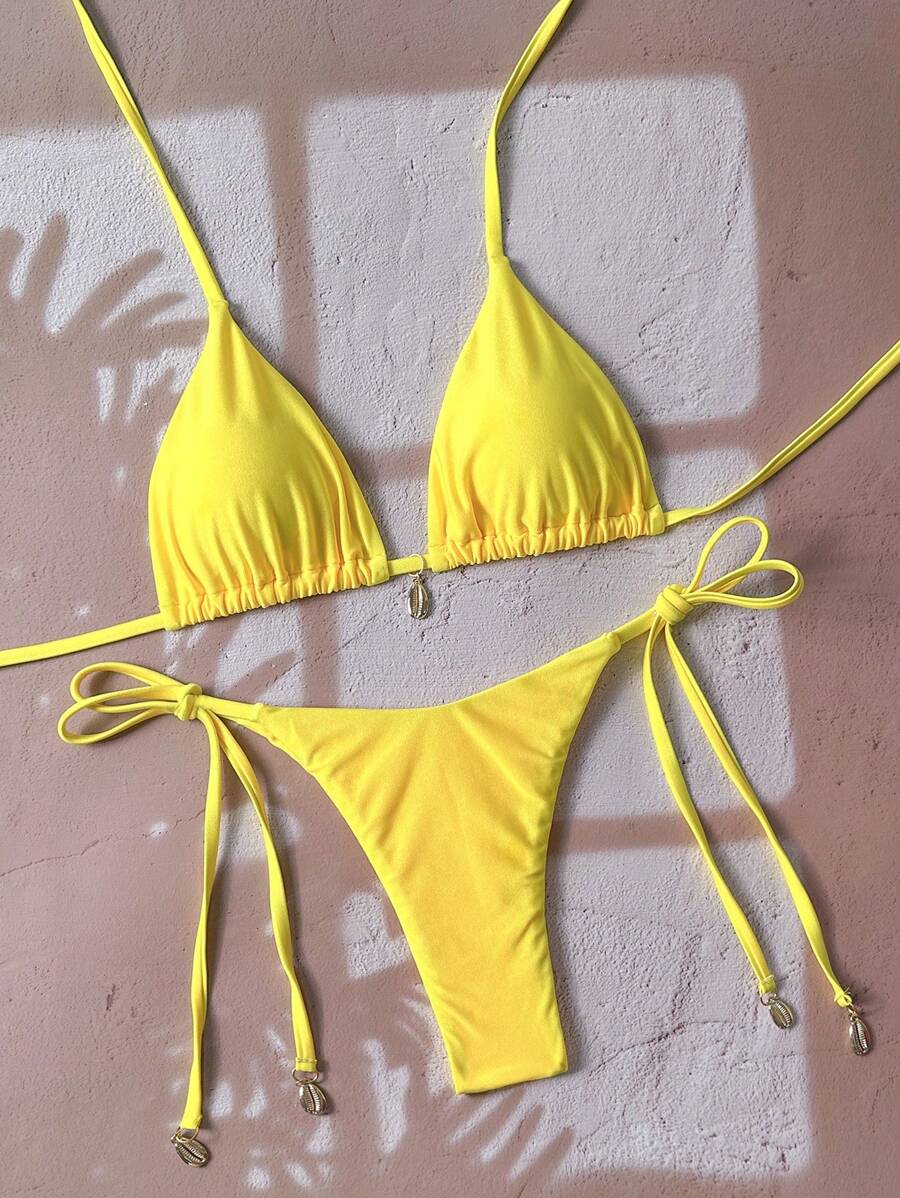 Swim Chiccia Women Spring Break Summer Beach Solid Color Halter Tie Sexy Bikini Swimsuit Set