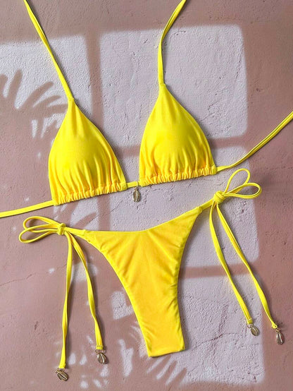 Swim Chiccia Women Spring Break Summer Beach Solid Color Halter Tie Sexy Bikini Swimsuit Set