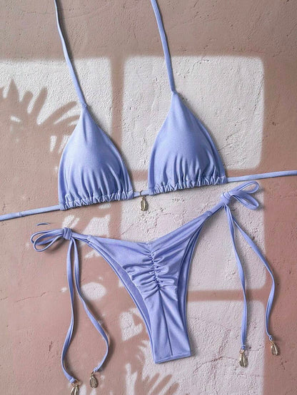 Swim Chiccia Women Spring Break Summer Beach Solid Color Halter Tie Sexy Bikini Swimsuit Set