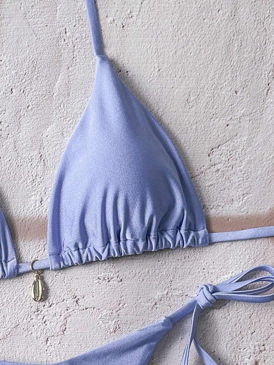 Swim Chiccia Women Spring Break Summer Beach Solid Color Halter Tie Sexy Bikini Swimsuit Set