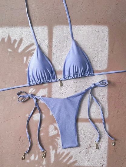 Swim Chiccia Women Spring Break Summer Beach Solid Color Halter Tie Sexy Bikini Swimsuit Set