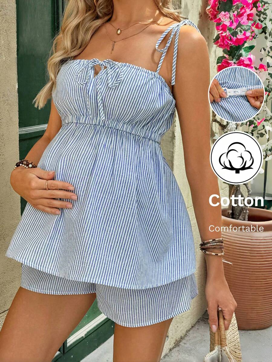 Maternity Vacation Set 2 Pack - Striped Tie Front Cami and Adjustable Shorts, Summer Loungewear