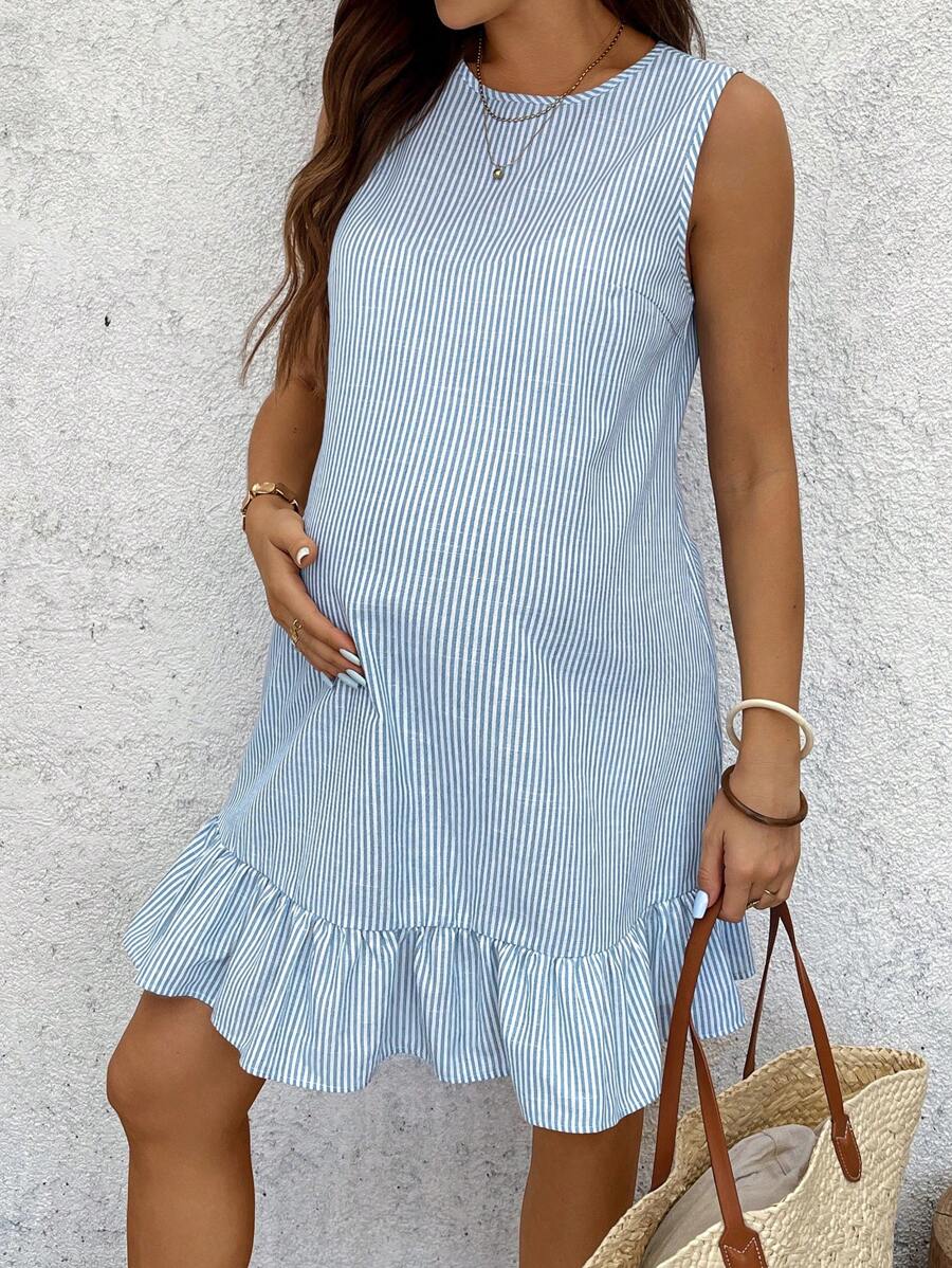 Maternity Casual Striped Ruffle Hem Sleeveless Dress Cotton V Neck Short Summer Sundress for Work Beach and Daily Wear Navy Blue