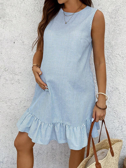 Yellow Cotton Pinstriped Sleeveless Maternity Summer Dress - Cute Round Neck Ruffle Hem Smock Sundress for Vacation and Casual Wear