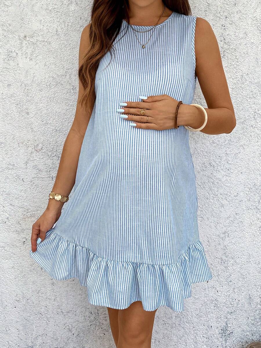 Yellow Cotton Pinstriped Sleeveless Maternity Summer Dress - Cute Round Neck Ruffle Hem Smock Sundress for Vacation and Casual Wear