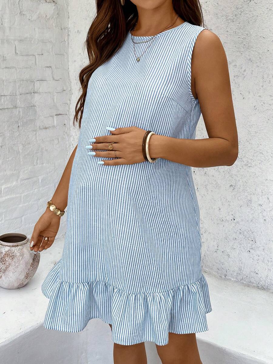 Maternity Casual Striped Ruffle Hem Sleeveless Dress Cotton V Neck Short Summer Sundress for Work Beach and Daily Wear Navy Blue