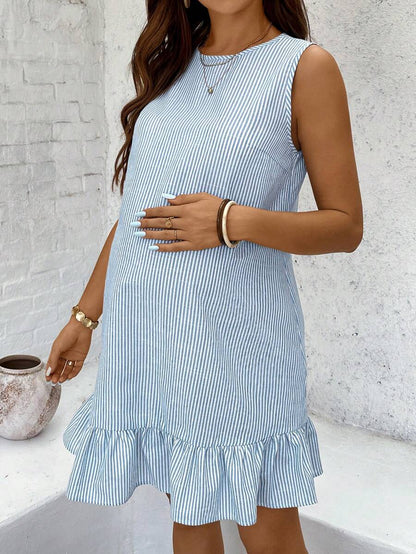 Yellow Cotton Pinstriped Sleeveless Maternity Summer Dress - Cute Round Neck Ruffle Hem Smock Sundress for Vacation and Casual Wear