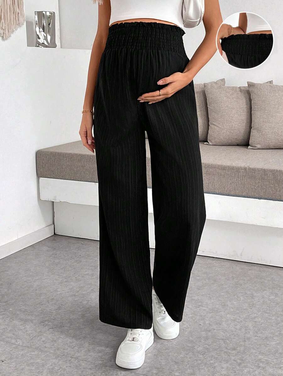 Maternity Wide Leg Pants - Shirred Waist, Loose Fit, Ultra High Waist, Apricot