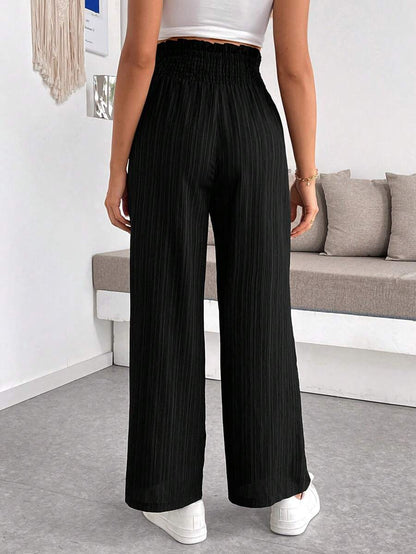 Maternity Wide Leg Textured Pants in Black High Waist Loose Fit Summer Beach Flowy Trousers for Women