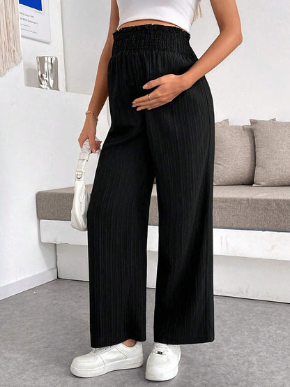 Maternity Wide Leg Textured Pants in Black High Waist Loose Fit Summer Beach Flowy Trousers for Women