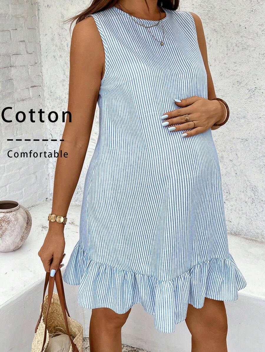 Maternity Casual Striped Ruffle Hem Sleeveless Dress Cotton V Neck Short Summer Sundress for Work Beach and Daily Wear Navy Blue