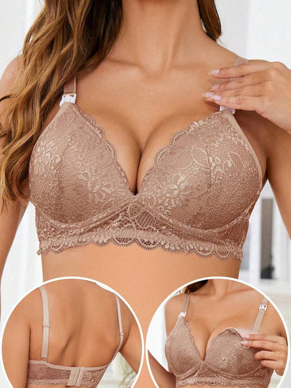 Elegant Brown Lace Nursing Bralette - Adjustable Strap Maternity Lingerie with Underwire Support and Medium Stretch