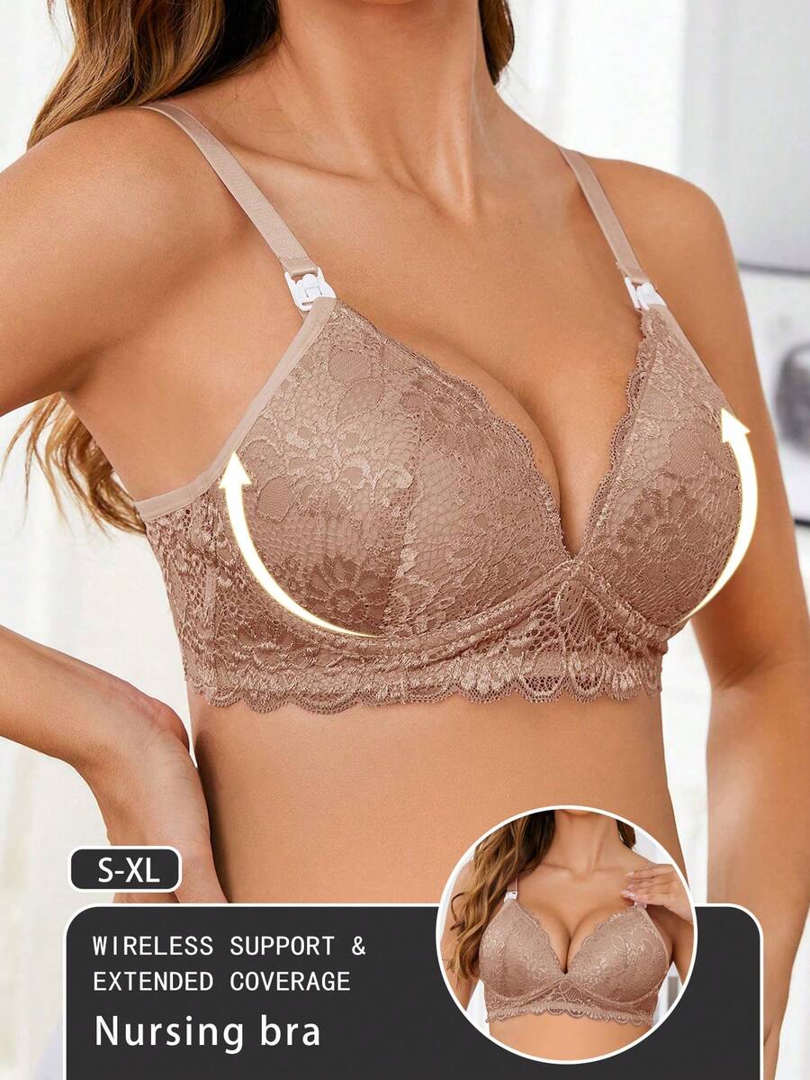 Elegant Brown Lace Nursing Bralette - Adjustable Strap Maternity Lingerie with Underwire Support and Medium Stretch