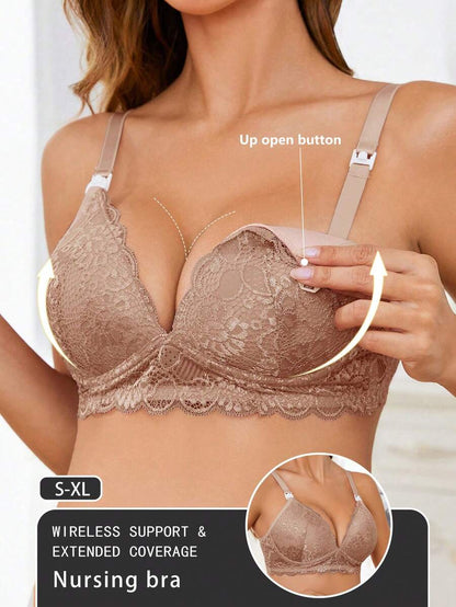 Maternity Lace Button Front Nursing Bra Women Elegant Solid Color Sexy Comfortable Breastfeeding Lingerie Bra