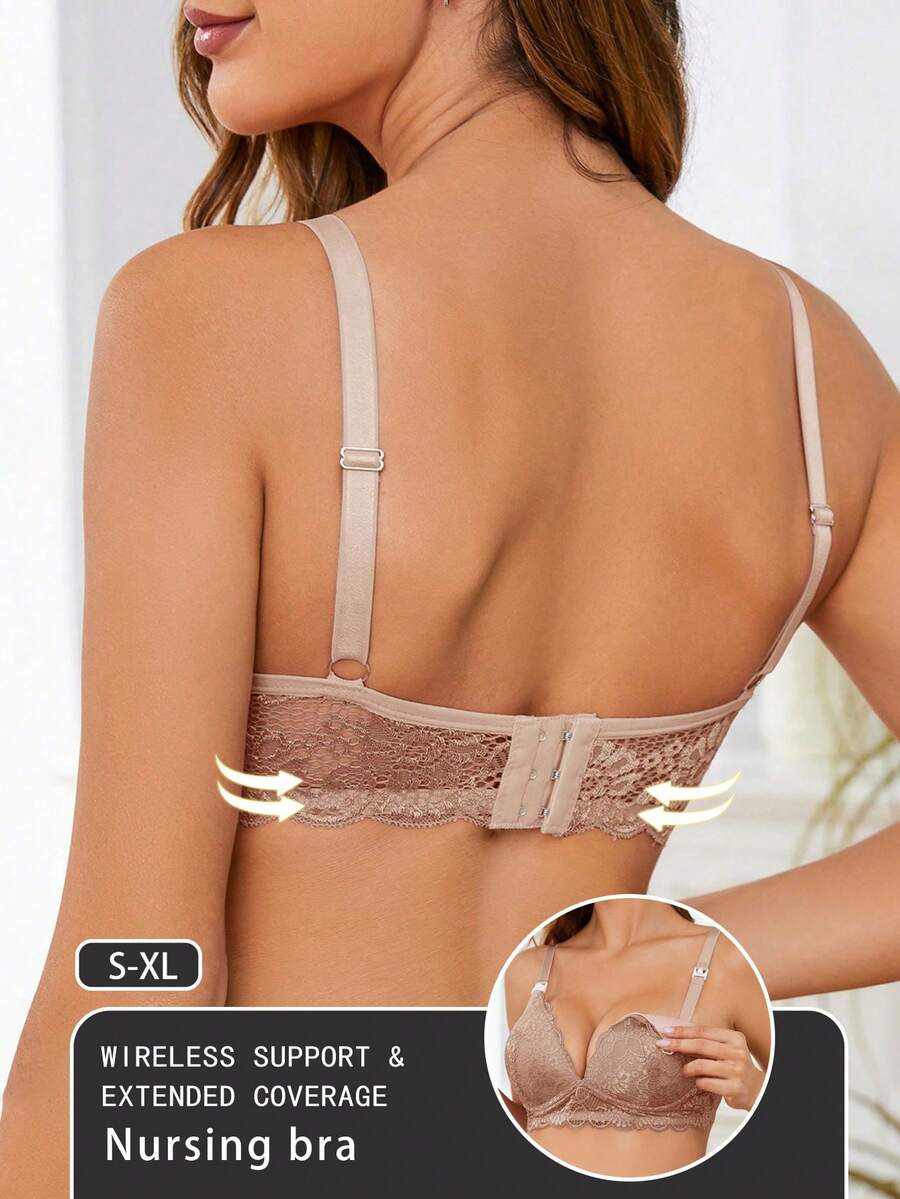 Elegant Brown Lace Nursing Bralette - Adjustable Strap Maternity Lingerie with Underwire Support and Medium Stretch