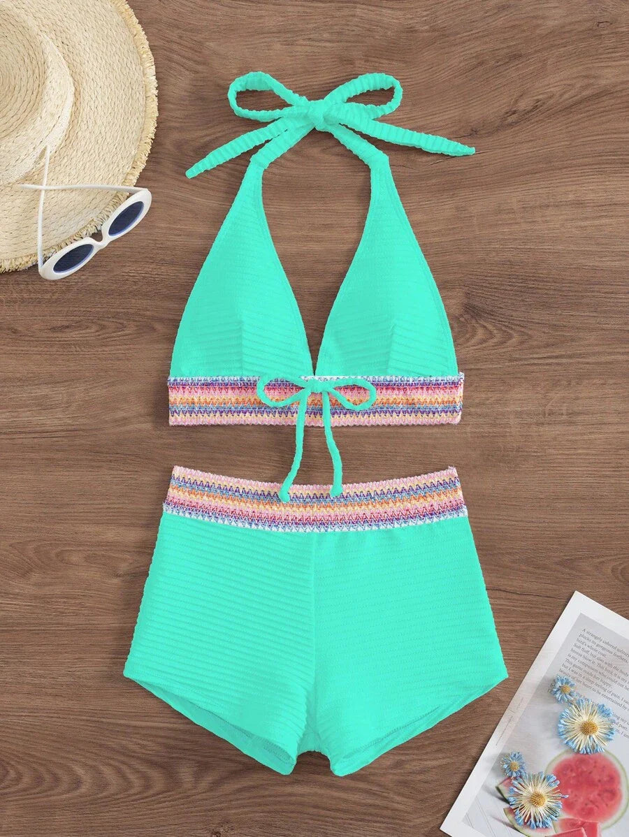 Women's 2-Piece Lace-Up Bikini Set - Twist Halter, Tie Back, High Waist Shorts, Mint Green