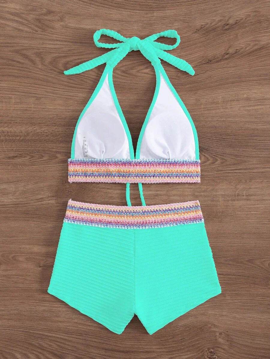 Women's 2-Piece Lace-Up Bikini Set - Twist Halter, Tie Back, High Waist Shorts, Mint Green
