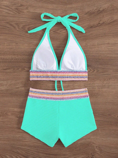 Women's 2-Piece Lace-Up Bikini Set - Twist Halter, Tie Back, High Waist Shorts, Mint Green
