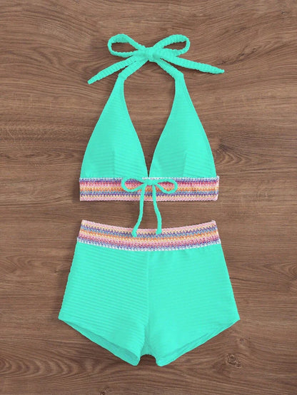 Women's 2-Piece Lace-Up Bikini Set - Twist Halter, Tie Back, High Waist Shorts, Mint Green