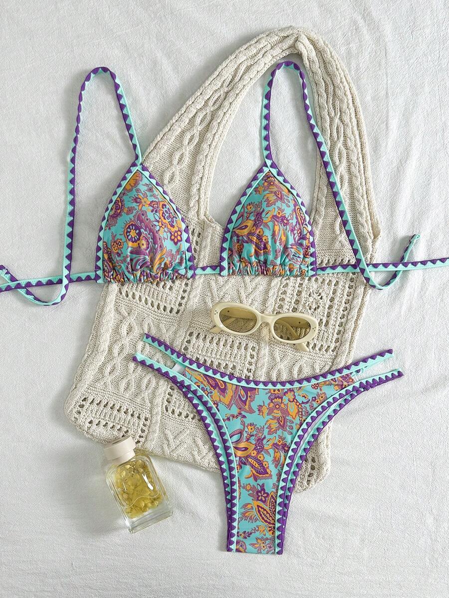 Women's 2-Piece Boho Halter Bikini Set - Tie Back, High Cut, Plant Print, Blue