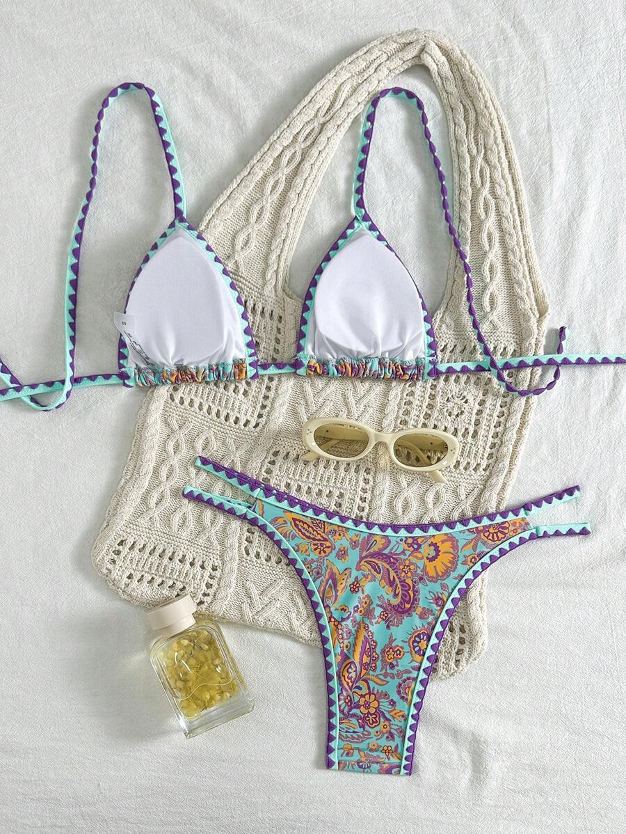 Women's 2-Piece Boho Halter Bikini Set - Tie Back, High Cut, Plant Print, Blue