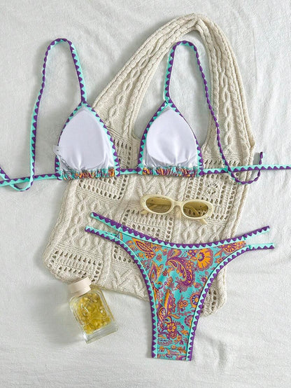 Women's 2-Piece Boho Halter Bikini Set - Tie Back, High Cut, Plant Print, Blue