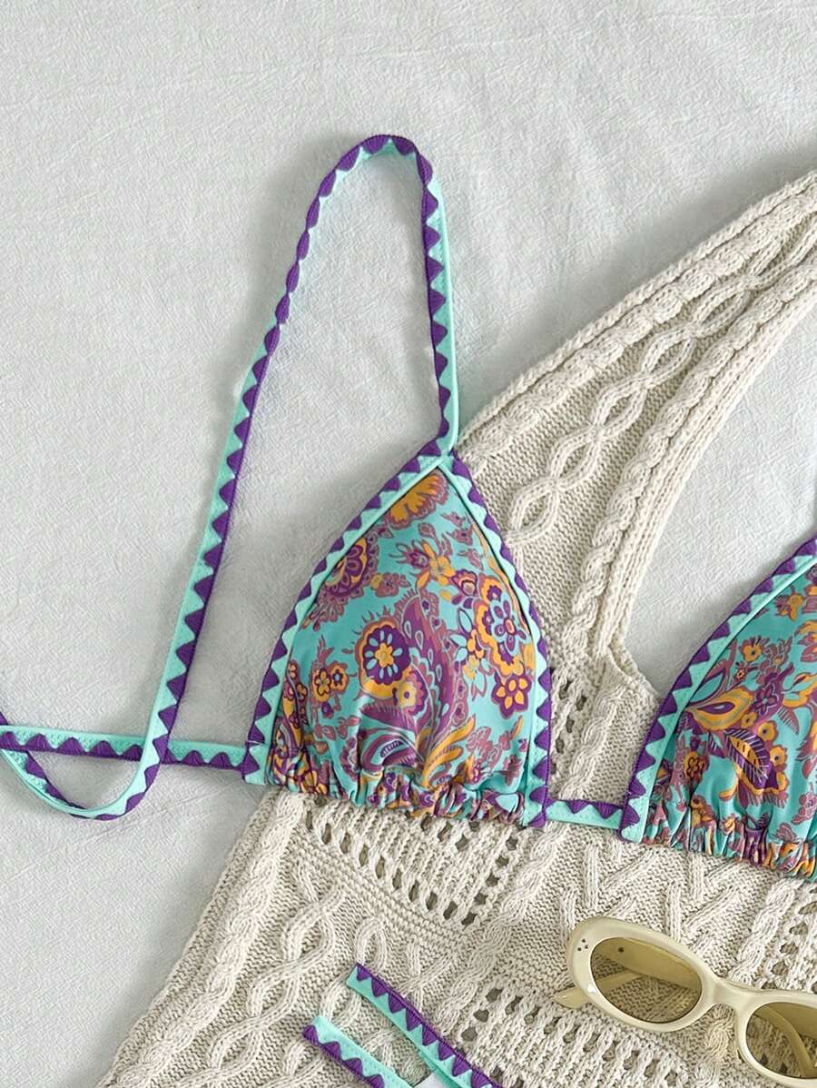Women's 2-Piece Boho Halter Bikini Set - Tie Back, High Cut, Plant Print, Blue
