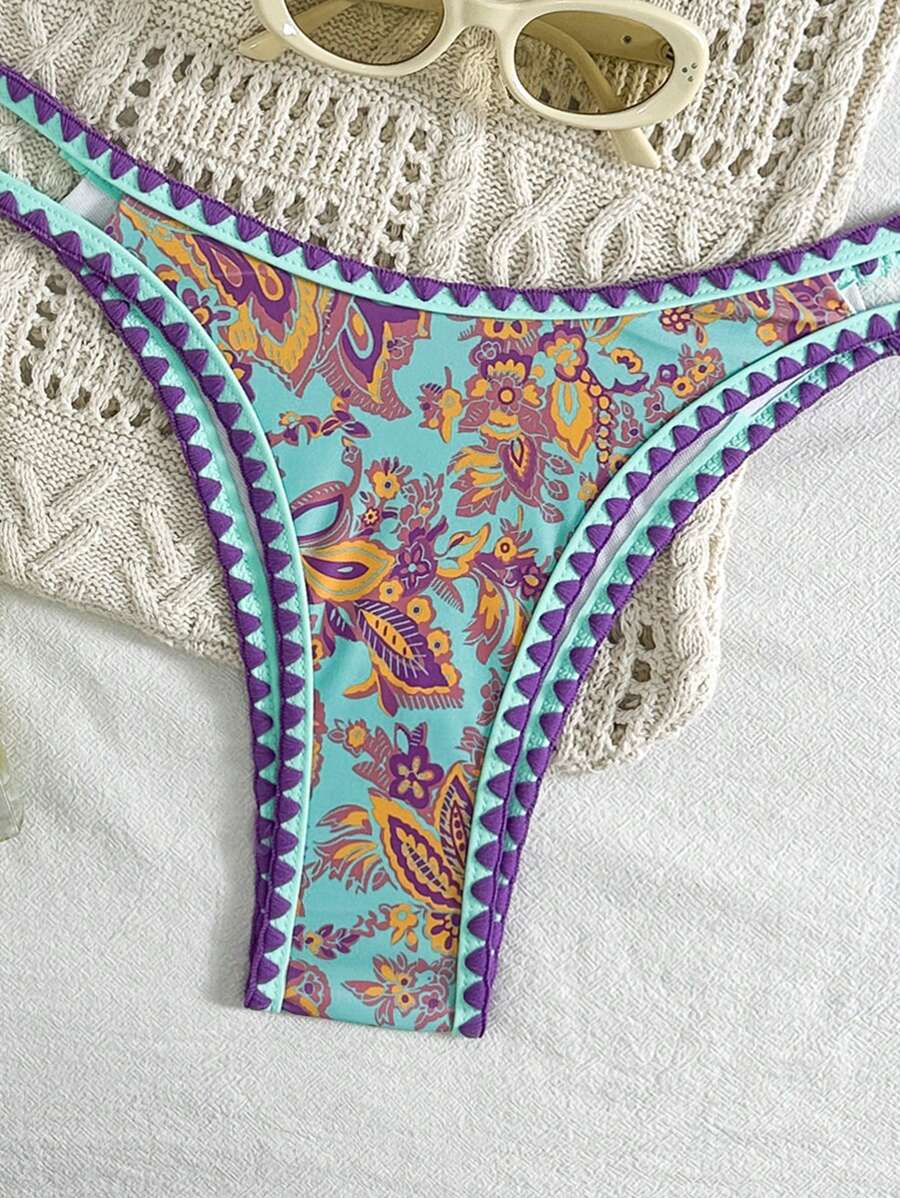 Women's 2-Piece Boho Halter Bikini Set - Tie Back, High Cut, Plant Print, Blue