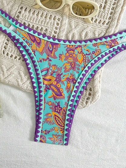 Women's 2-Piece Boho Halter Bikini Set - Tie Back, High Cut, Plant Print, Blue