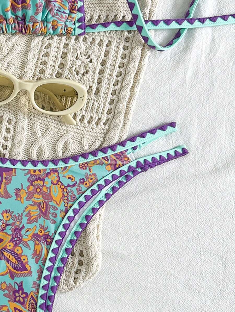 Women's 2-Piece Boho Halter Bikini Set - Tie Back, High Cut, Plant Print, Blue