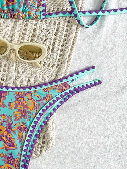 Women's 2-Piece Boho Halter Bikini Set - Tie Back, High Cut, Plant Print, Blue