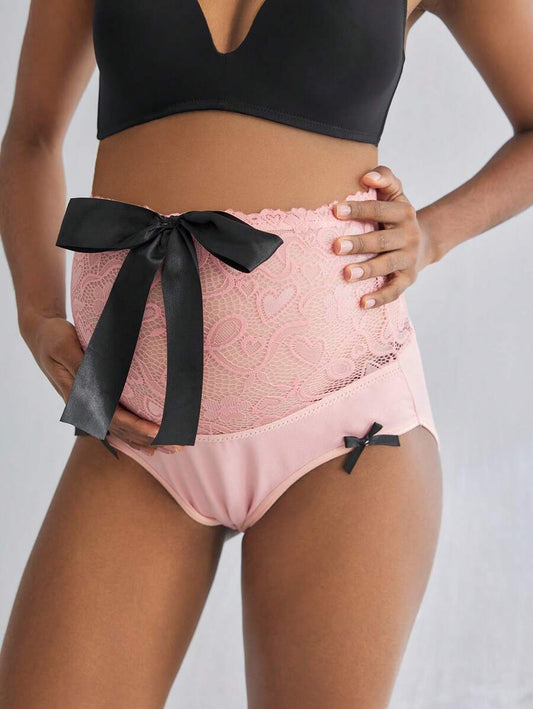 Maternity Underwear - High Waist Belly Support Lace Patchwork Colorblock Cute Big Bow Decor