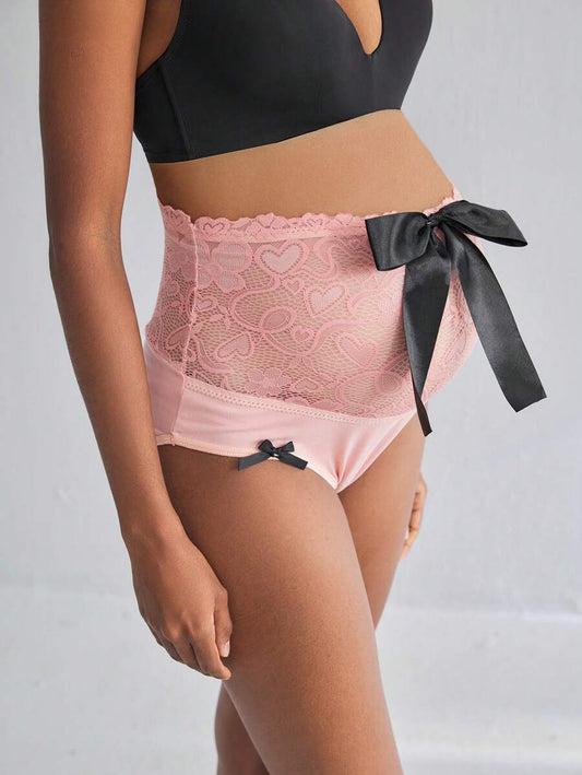 Maternity Underwear - High Waist Belly Support Lace Patchwork Colorblock Cute Big Bow Decor
