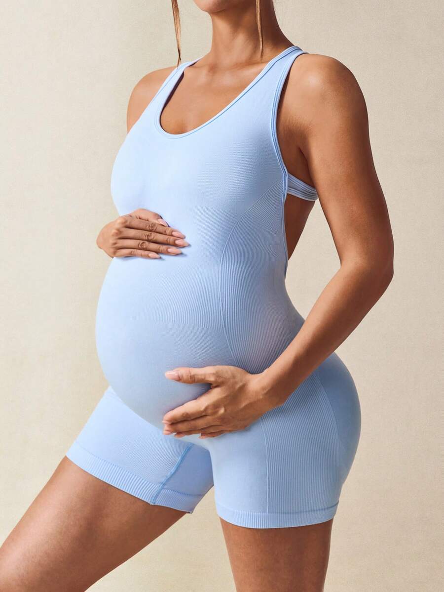 Maternity Casual Solid Color Sleeveless Backless Romper - Summer Outfit