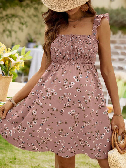 Maternity Ditsy Floral A-Line Dress with Ruffled Cap Puff Sleeves and Square Neck Boho High Waist Short Summer Dress for Daily Wear