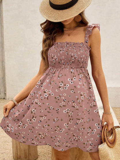 Maternity Ditsy Floral A-Line Dress with Ruffled Cap Puff Sleeves and Square Neck Boho High Waist Short Summer Dress for Daily Wear