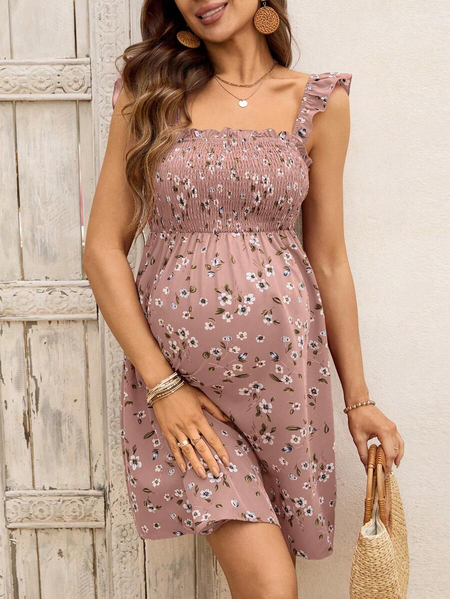 Maternity Ditsy Floral A-Line Dress with Ruffled Cap Puff Sleeves and Square Neck Boho High Waist Short Summer Dress for Daily Wear