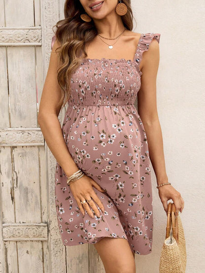 Floral Print Maternity Cap Sleeve Dress - Breezy Boho A-Line Gown for Summer Vacation, Beach Outings, and Casual Baby Shower