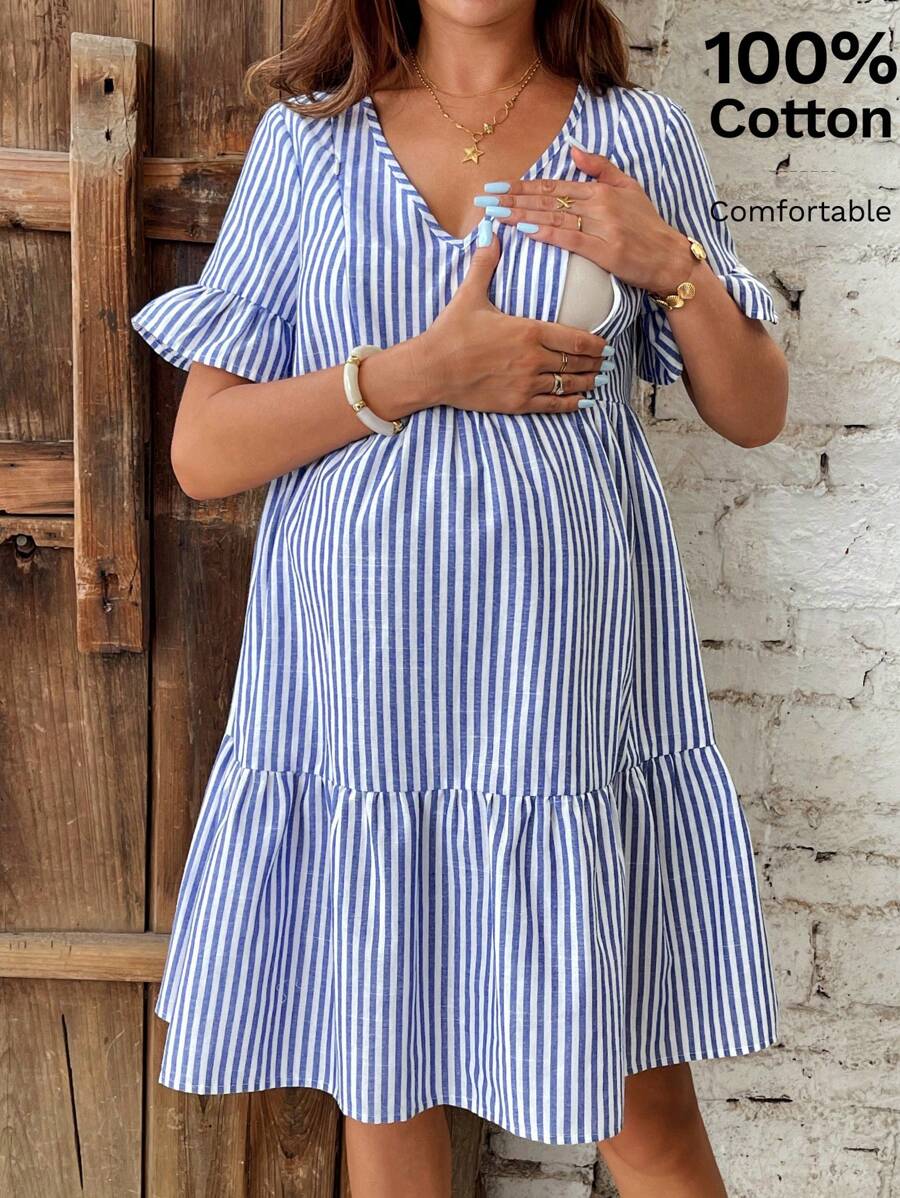 Blue Striped Maternity Nursing Dress with V-Neck Flounce Sleeves and Zipper Detail - Chic Short Casual Cotton Blend Office Dress
