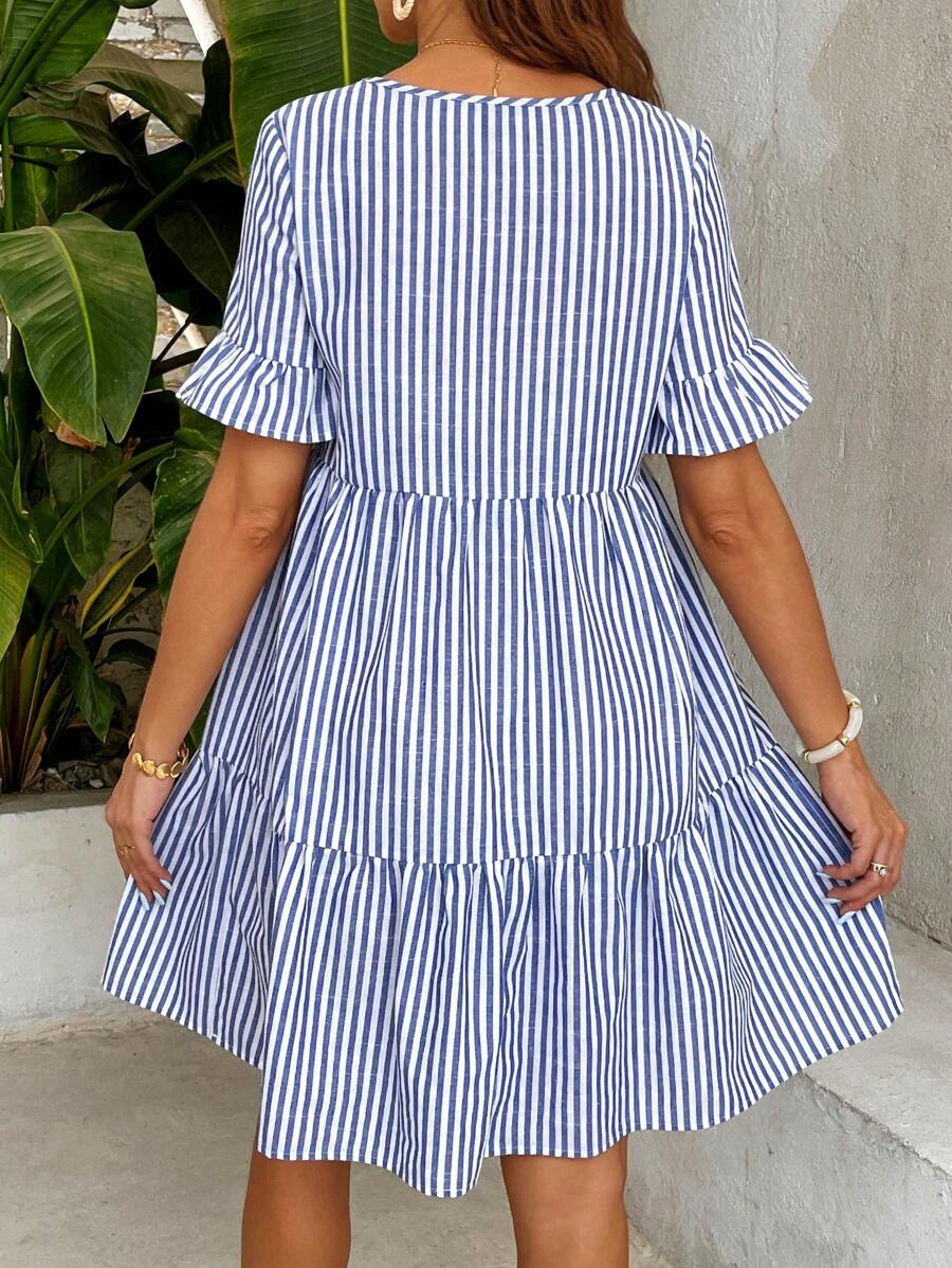 Blue Striped Maternity Nursing Dress with V-Neck Flounce Sleeves and Zipper Detail - Chic Short Casual Cotton Blend Office Dress