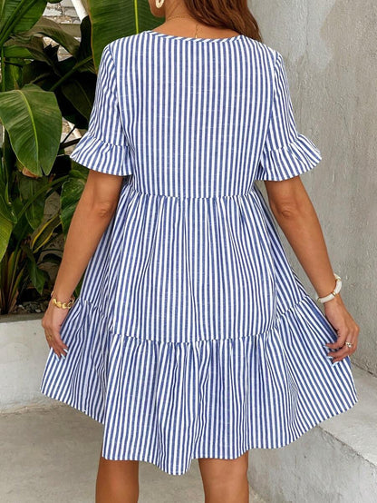 Blue Striped Maternity Nursing Dress with V-Neck Flounce Sleeves and Zipper Detail - Chic Short Casual Cotton Blend Office Dress