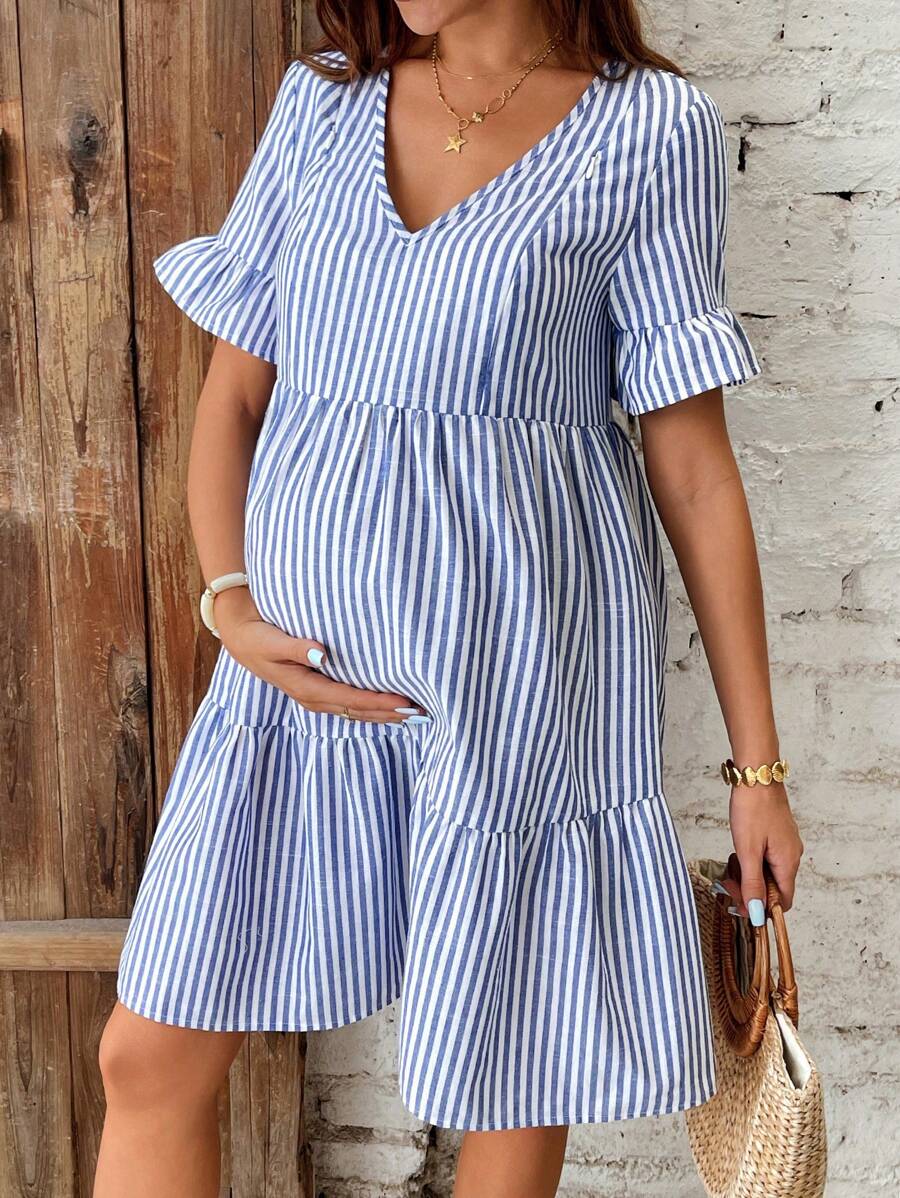 Blue and White Floral Striped Maternity Dress with Ruffle Flounce Sleeves and Loose Fit Hem Boho Beach Vacation Short Summer Dress