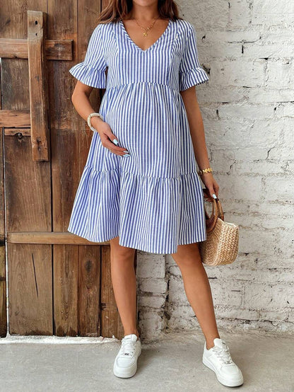 Blue and White Floral Striped Maternity Dress with Ruffle Flounce Sleeves and Loose Fit Hem Boho Beach Vacation Short Summer Dress