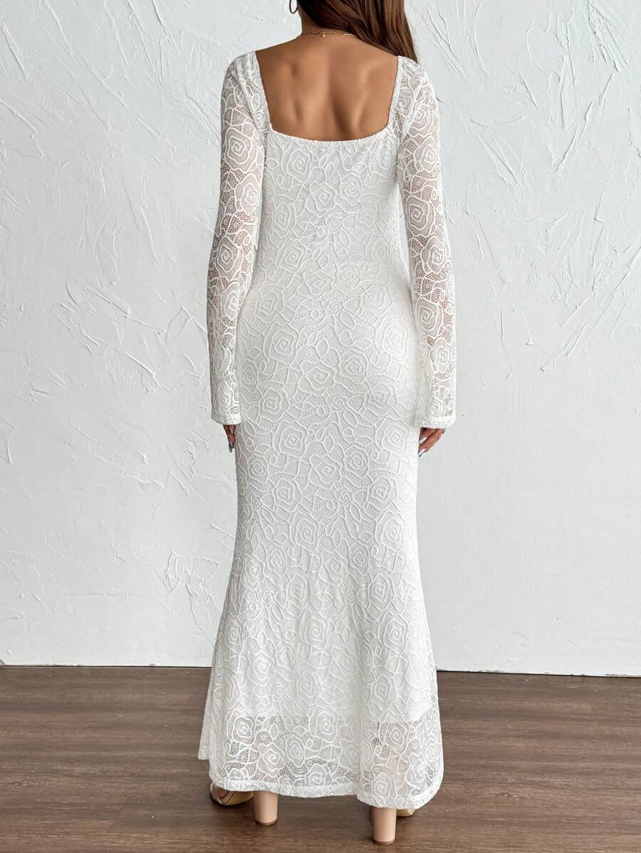 White Lace Flare Sleeve Fitted Mermaid Hem Maternity Dress