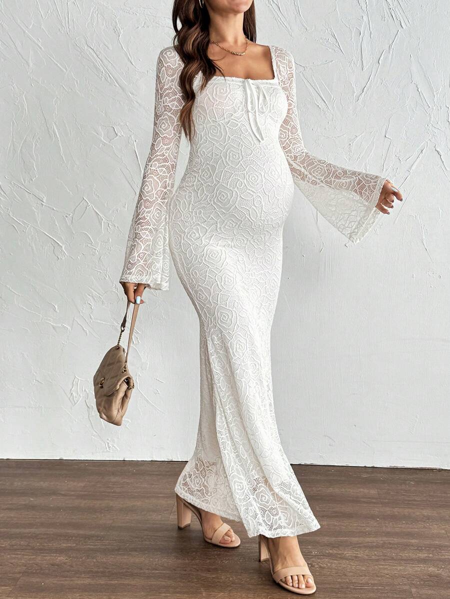 White Lace Flare Sleeve Fitted Mermaid Hem Maternity Dress