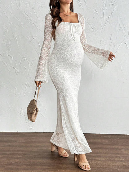 White Lace Flare Sleeve Fitted Mermaid Hem Maternity Dress